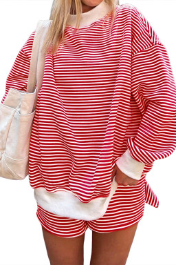 Red Stripe Oversize Mock Neck Sweatshirt and Shorts Set