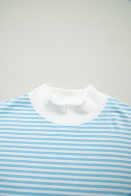 Sky Blue Stripe Oversize Mock Neck Sweatshirt and Shorts Set