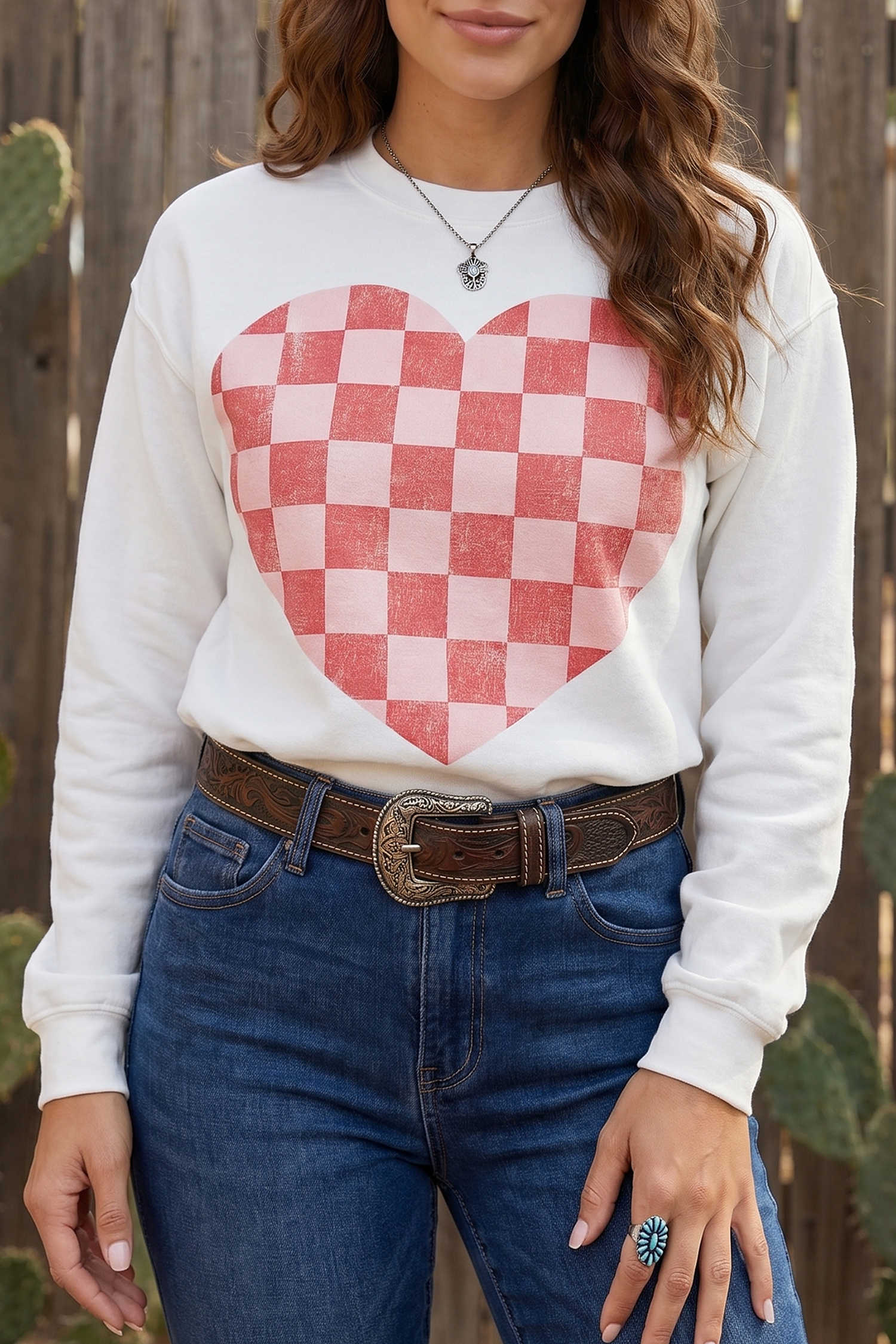 White Plaid Heart Print Round Neck Long Sleeve Pullover Sweatshirt