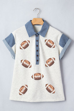 Light Grey Short Sleeve Sequin Rugby Pattern Colorblock Collar Polo T-Shirt