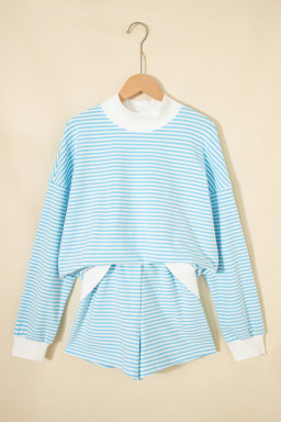 Sky Blue Stripe Oversize Mock Neck Sweatshirt and Shorts Set