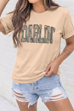 Khaki DARLIN Camo Letter Print Crewneck T Shirt