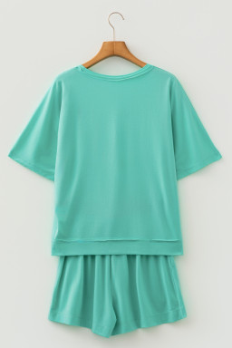 Mint Green Raw Edge Patch Pocket Oversized Top and Shorts Set