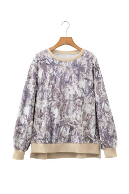 Khaki Abstract Camo Print Colorblock Trim Side Split Tunic Sweatshirt