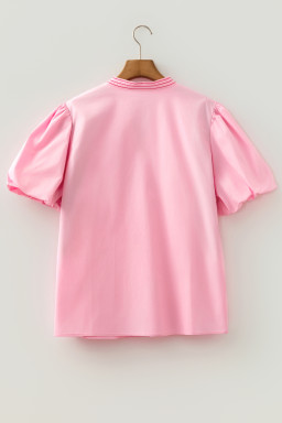 Pink Boho Embroidered Detail Puff Sleeve Cotton Blouse