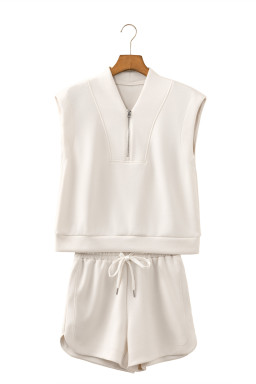 Oatmeal Quarter Zip Sleeveless Top Drawstring Shorts Casual 2pcs Outfit