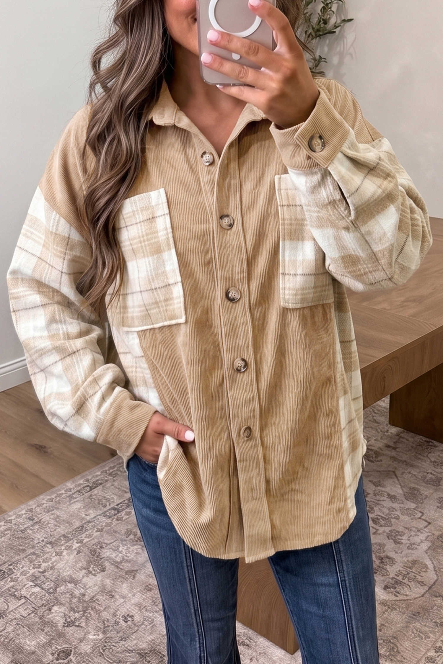 Light French Beige Plaid Colorblock Shirt Collar Shift Shacket