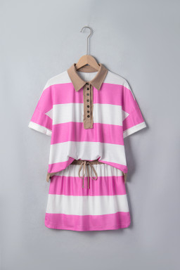 Rose Stripe Colorblock Trim Polo Tee Drawstring Mini Skort 2pcs Set