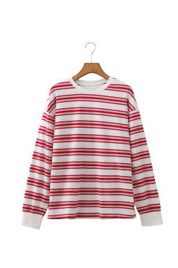 Red Stripe Dropped Shoulder Long Sleeve Casual Pullover Top
