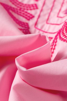 Pink Boho Embroidered Detail Puff Sleeve Cotton Blouse