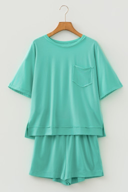Mint Green Raw Edge Patch Pocket Oversized Top and Shorts Set