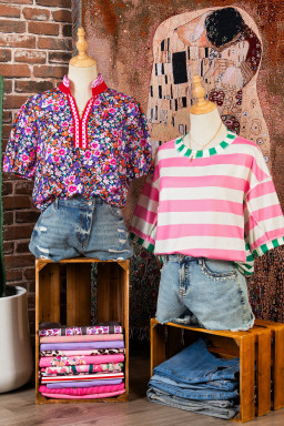 Purple Ditsy Floral Print Plaid Colorblock Trim V Neck Blouse