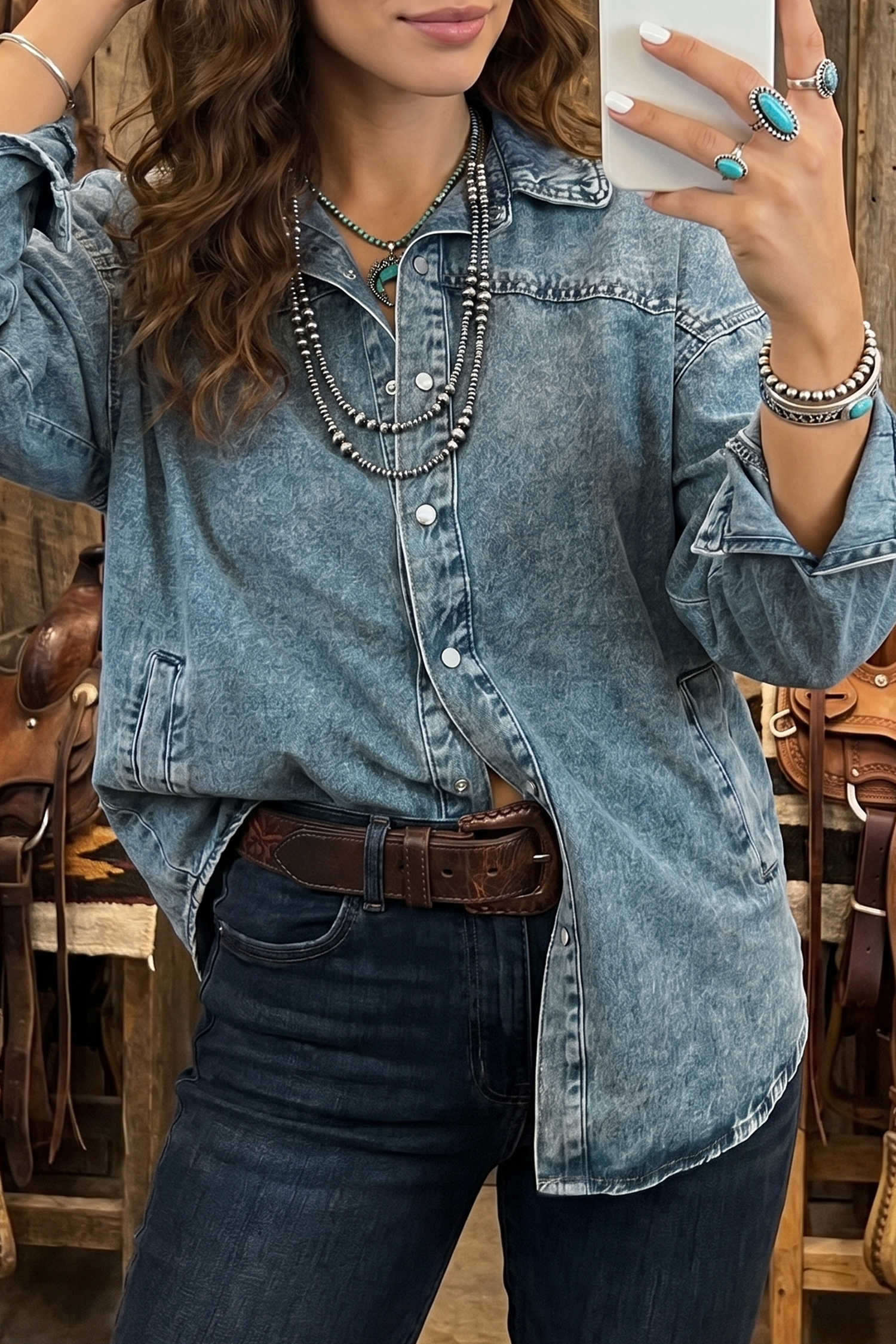 Dusk Blue Western Long Sleeve Shirt Collar Tunic Denim Jacket