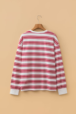 Red Stripe Dropped Shoulder Long Sleeve Casual Pullover Top
