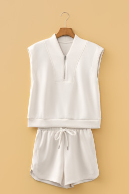 Oatmeal Quarter Zip Sleeveless Top Drawstring Shorts Casual 2pcs Outfit