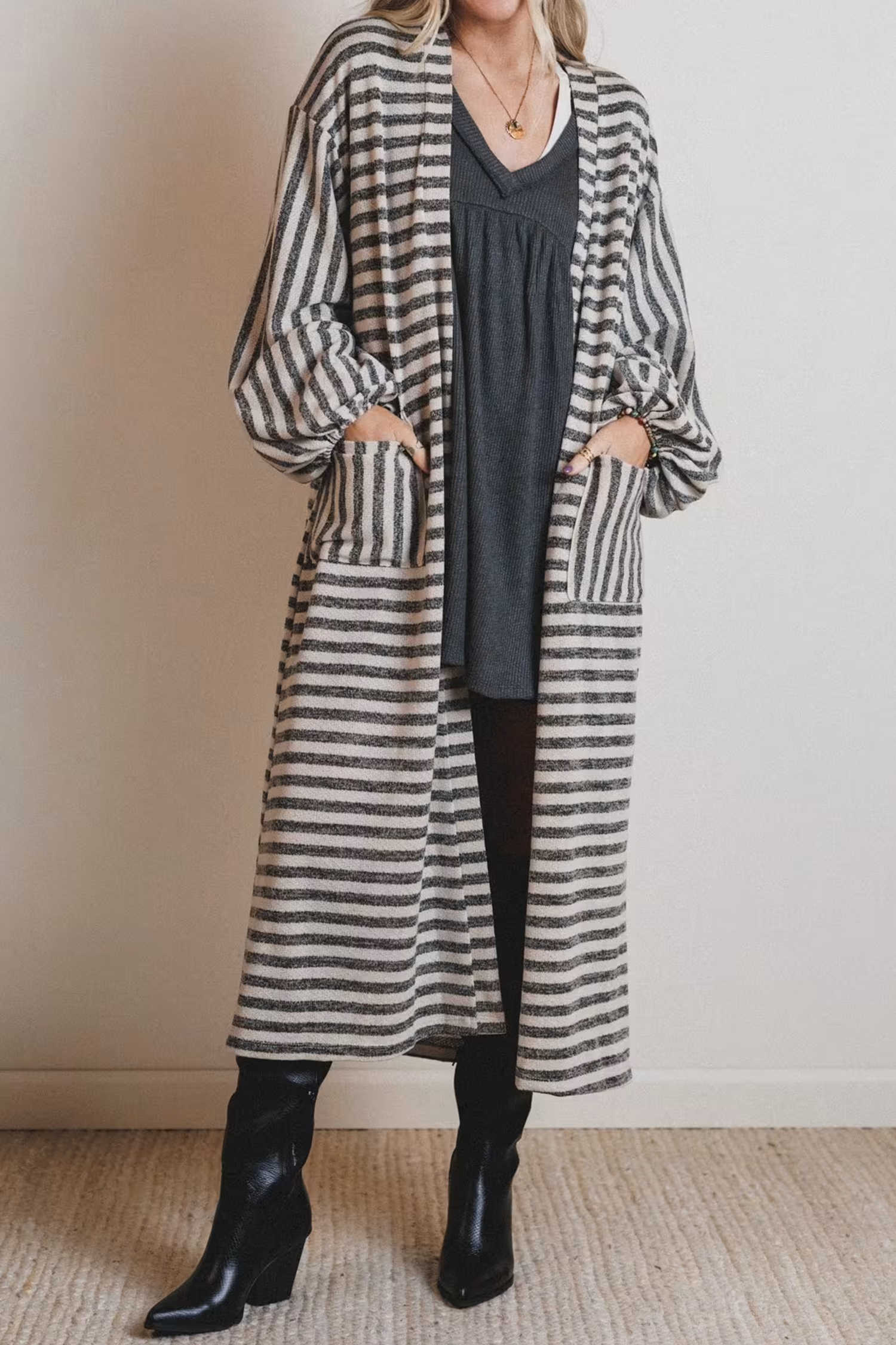 Khaki Stripe Long Puff Sleeve Open Front Oversized Long Cardigan