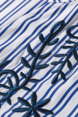 Blue Stripe Embroidered Detail Button Front Long Sleeve Shirt