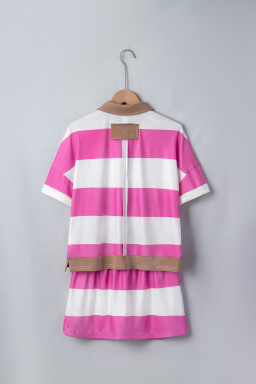 Rose Stripe Colorblock Trim Polo Tee Drawstring Mini Skort 2pcs Set