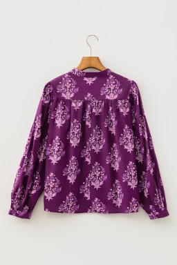 Purple Floral Print Button Front Long Puff Sleeve Shirt