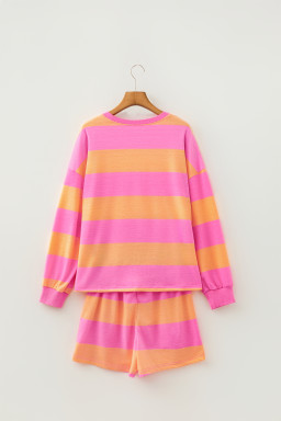 Pink Stripe Long Sleeve Casual Top Drawstring Shorts 2pcs Set