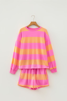 Pink Stripe Long Sleeve Casual Top Drawstring Shorts 2pcs Set