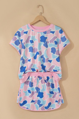 Pink Camouflage Print Contrast Trim Athletic Skort Set
