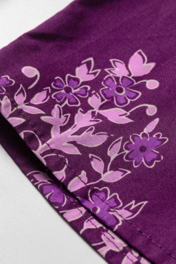 Purple Floral Print Button Front Long Puff Sleeve Shirt