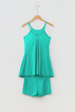 Sea Green Solid Color Tunic Tank Dress Athletic Shorts Two Piece Set