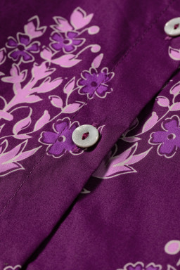 Purple Floral Print Button Front Long Puff Sleeve Shirt
