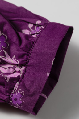 Purple Floral Print Button Front Long Puff Sleeve Shirt