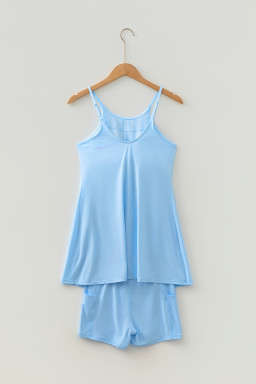 Beau Blue Solid Color Tunic Tank Dress Athletic Shorts Two Piece Set