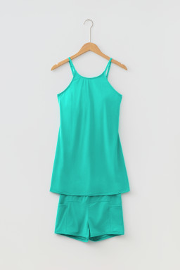 Sea Green Solid Color Tunic Tank Dress Athletic Shorts Two Piece Set