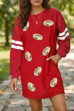 Fiery Red Varsity Striped Sleeve Sequin Rugby Pattern Sweatshirt Dress