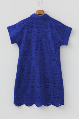 Dark Blue Solid Color Eyelet Embroidered T Shirt Mini Dress