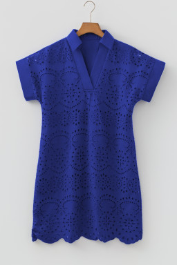 Dark Blue Solid Color Eyelet Embroidered T Shirt Mini Dress