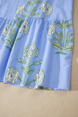Sky Blue Wild Floral Print Scalloped Embroidery Trim V Neck Drop Waist Mini Dress