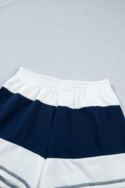 Prussian Blue Exposed Seam Detail Half Sleeve Top Elastic Waist Shorts 2pcs Set