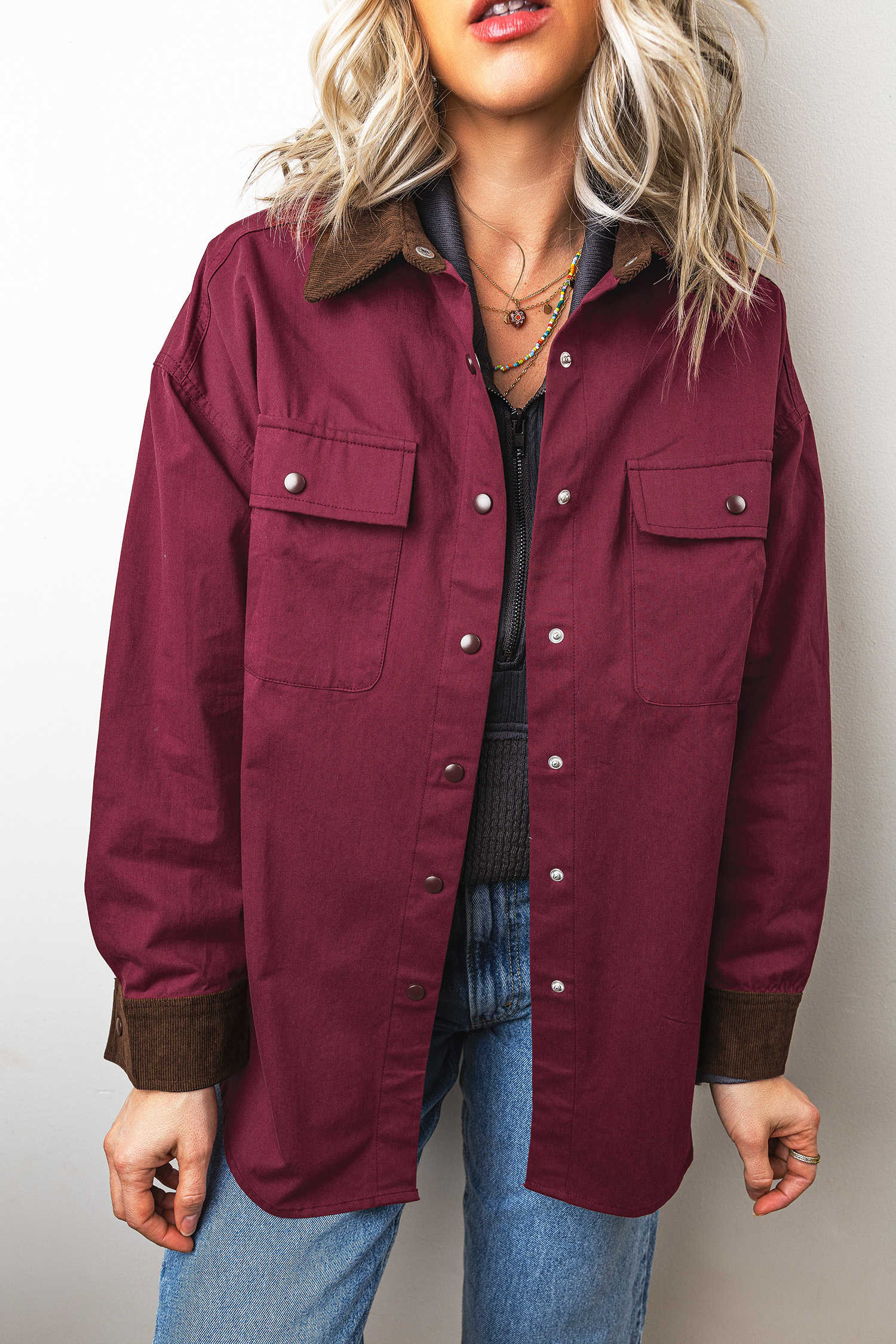 Red Dahlia Vintage Patchwork Colorblock Collar Cuffs Shift Silhouette Shacket