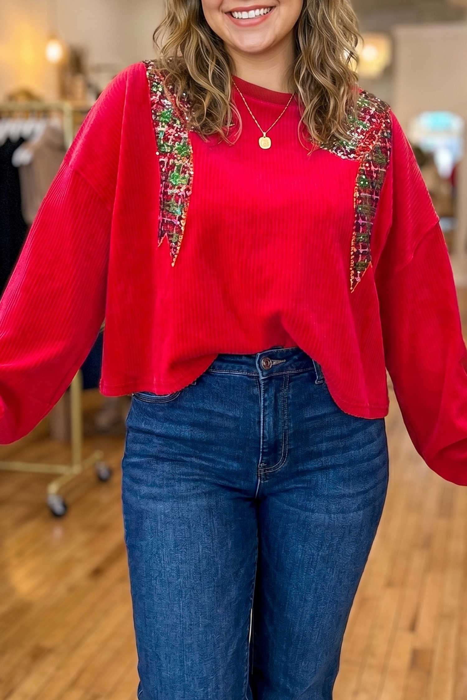 Fiery Red Long Sleeve Crew Neck Sequin Detail Plus Size Blouse