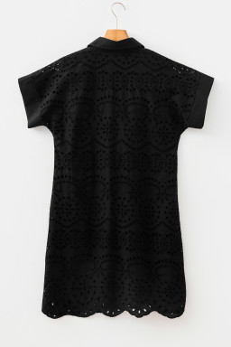Black Solid Color Eyelet Embroidered T Shirt Mini Dress