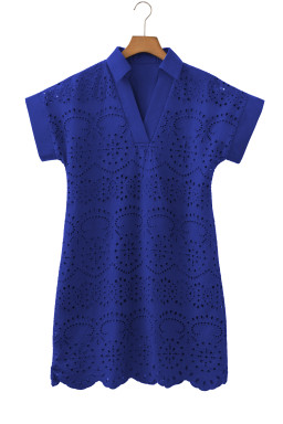 Dark Blue Solid Color Eyelet Embroidered T Shirt Mini Dress