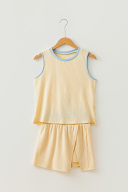 Yellow Contrast Trim Ribbed Tank Split Skort 2pcs Set