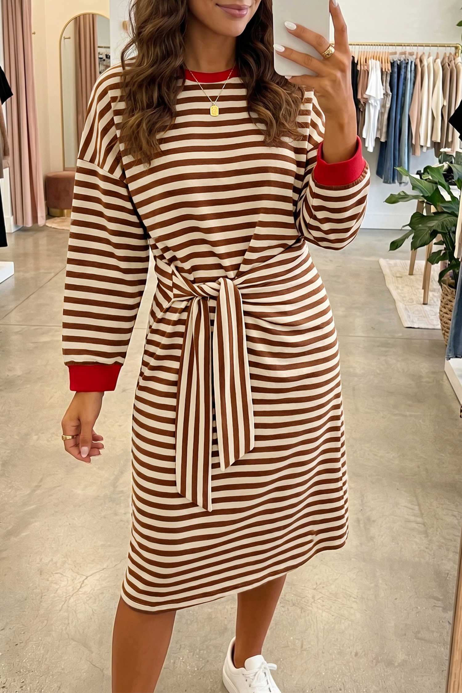 Brown Stripe Striped Colorblock Cuffs Round Neck Long Sleeve Shift Dress