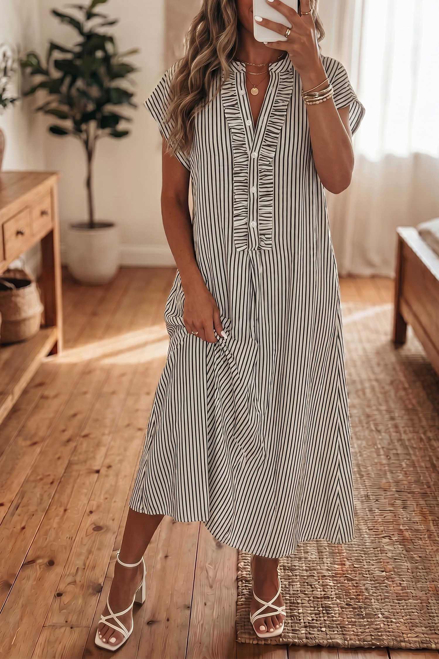 Black Stripe Frilled Detail Half Buttons Short Sleeve Long Dress