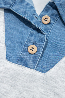 Light Grey Denim Contrast Collar Cuffed Short Sleeve Top