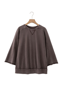 Dark Brown 3/4 Sleeve Mineral Wash Loose Cotton Top