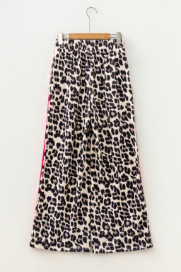 Rose Contrast Detail Tie Waist Leopard Print Casual Pants
