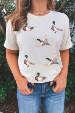 White Greenhead Duck Pattern Short Sleeve Round Neck T-Shirt