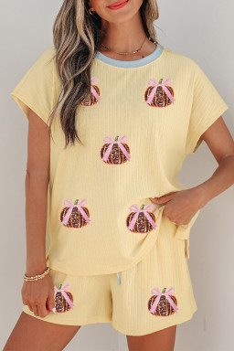 Yellow Cream Ribbed Knit Pumpkin Sequin Patch Graphic Short 2pcs Set