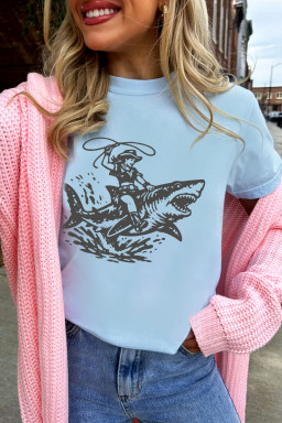 Light Blue Western Print Shark Cowboy T Shirt